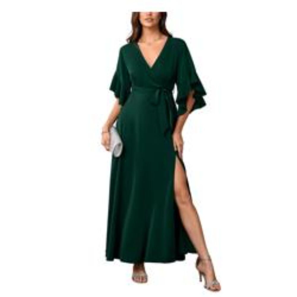 RUFFLE HALF SLEEVE WRAP V NECK MAXI DRESS, SMALL, 5E-1314D009